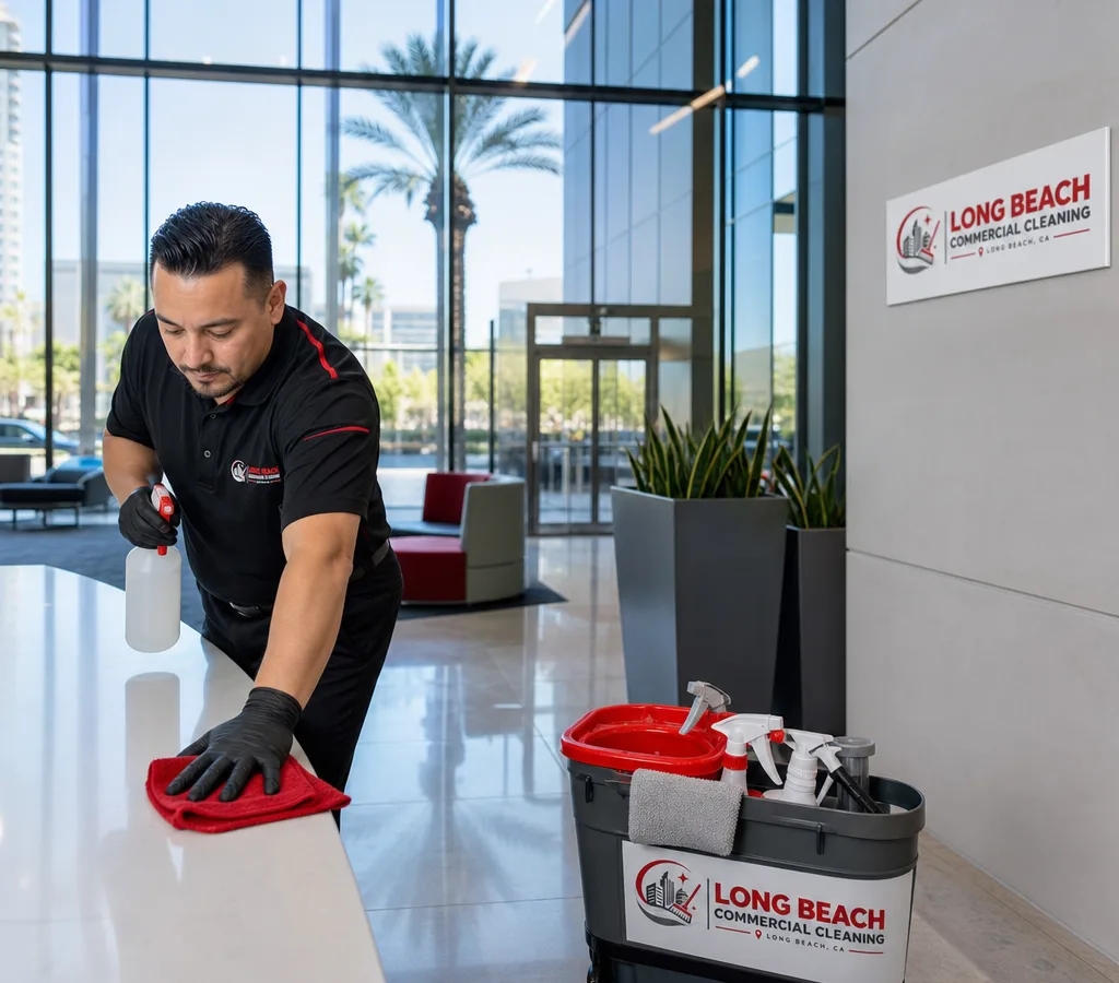 Commercial cleaning technician disinfecting a modern Long Beach office lobby