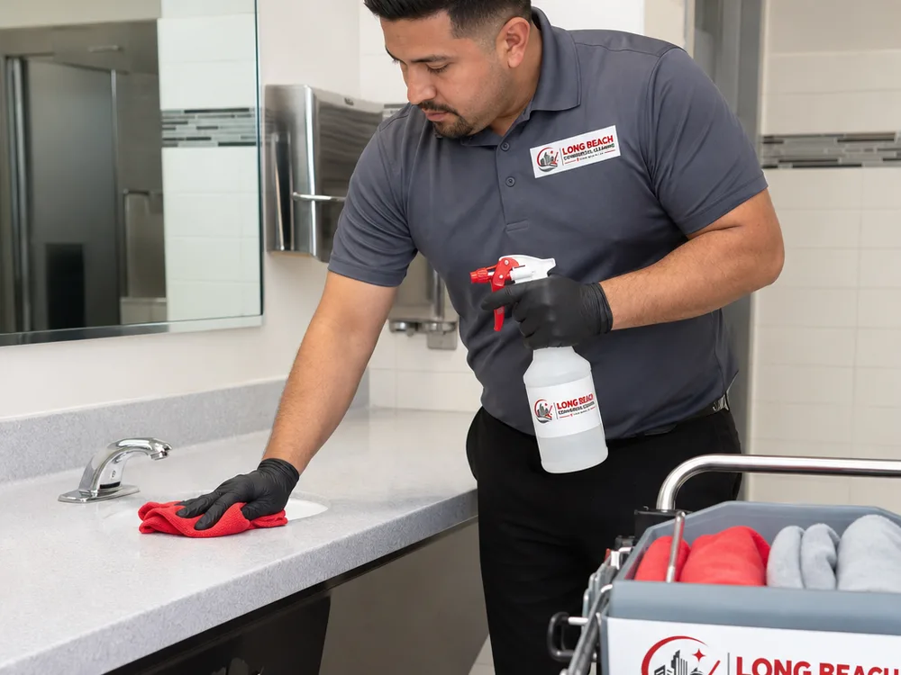 Cleaner sanitizing a restroom in a professional commercial facility