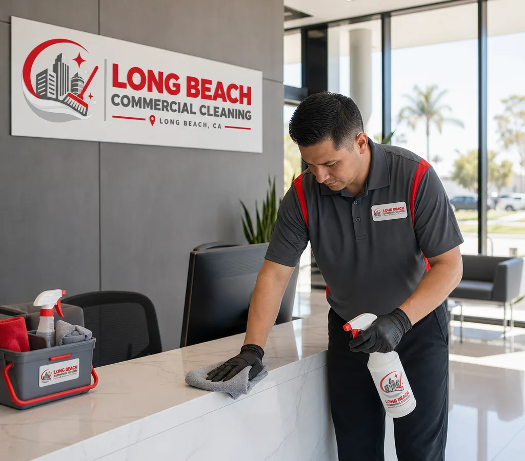 Cleaner disinfecting a reception desk and touchpoints in a modern Long Beach office lobby