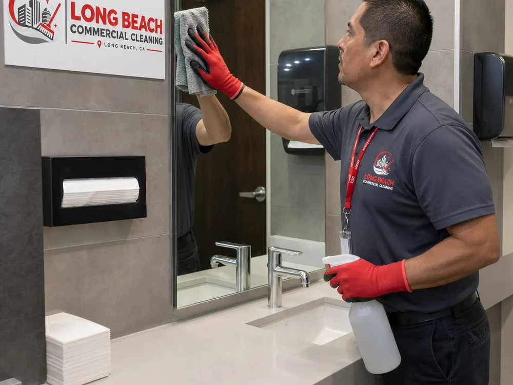 Janitorial technician restocking supplies and cleaning a commercial office restroom sink and mirror