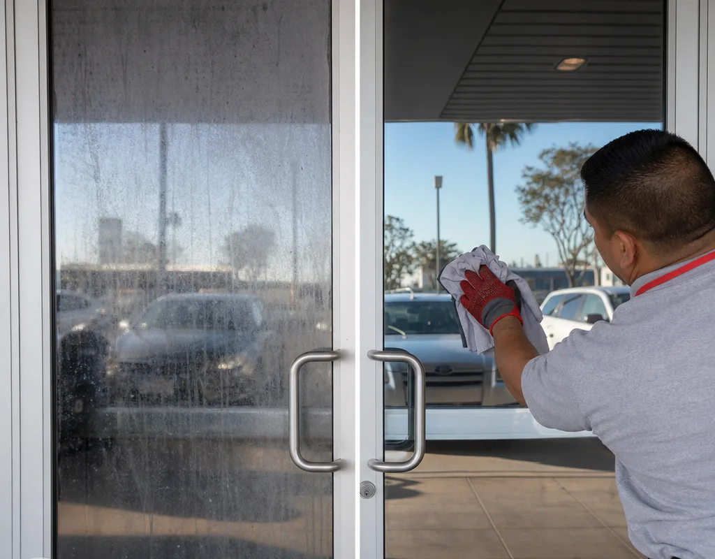 Before and after comparison of smudged and professionally cleaned storefront entry glass