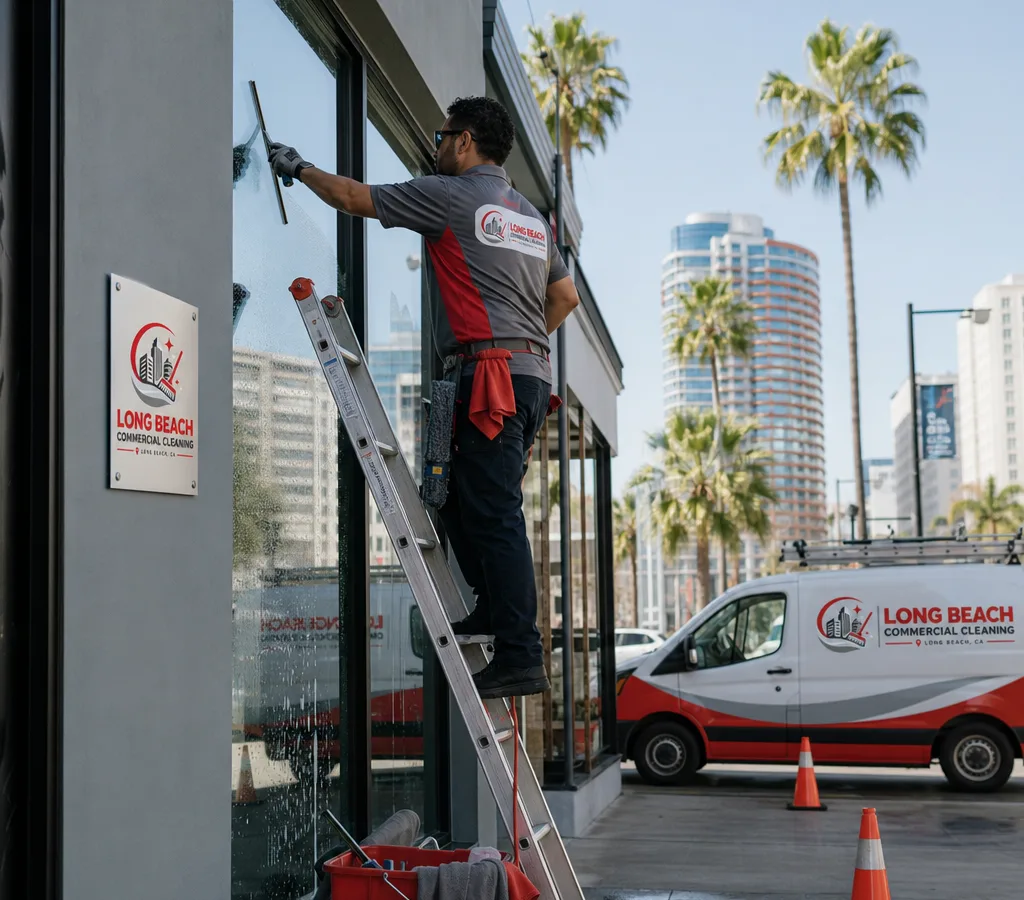 Commercial window cleaner washing exterior storefront glass with a squeegee in Long Beach