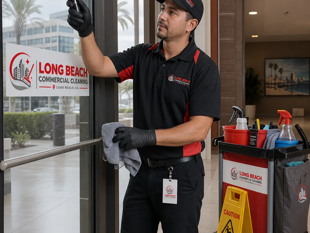 Technician detailing interior lobby and door glass with a squeegee beside janitorial equipment