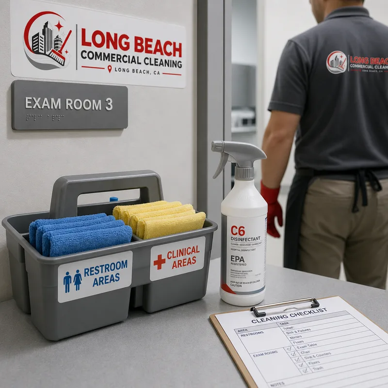 Color-coded microfiber cloths, labeled cleaning caddy, disinfectant, and a clipboard checklist outside a medical exam room