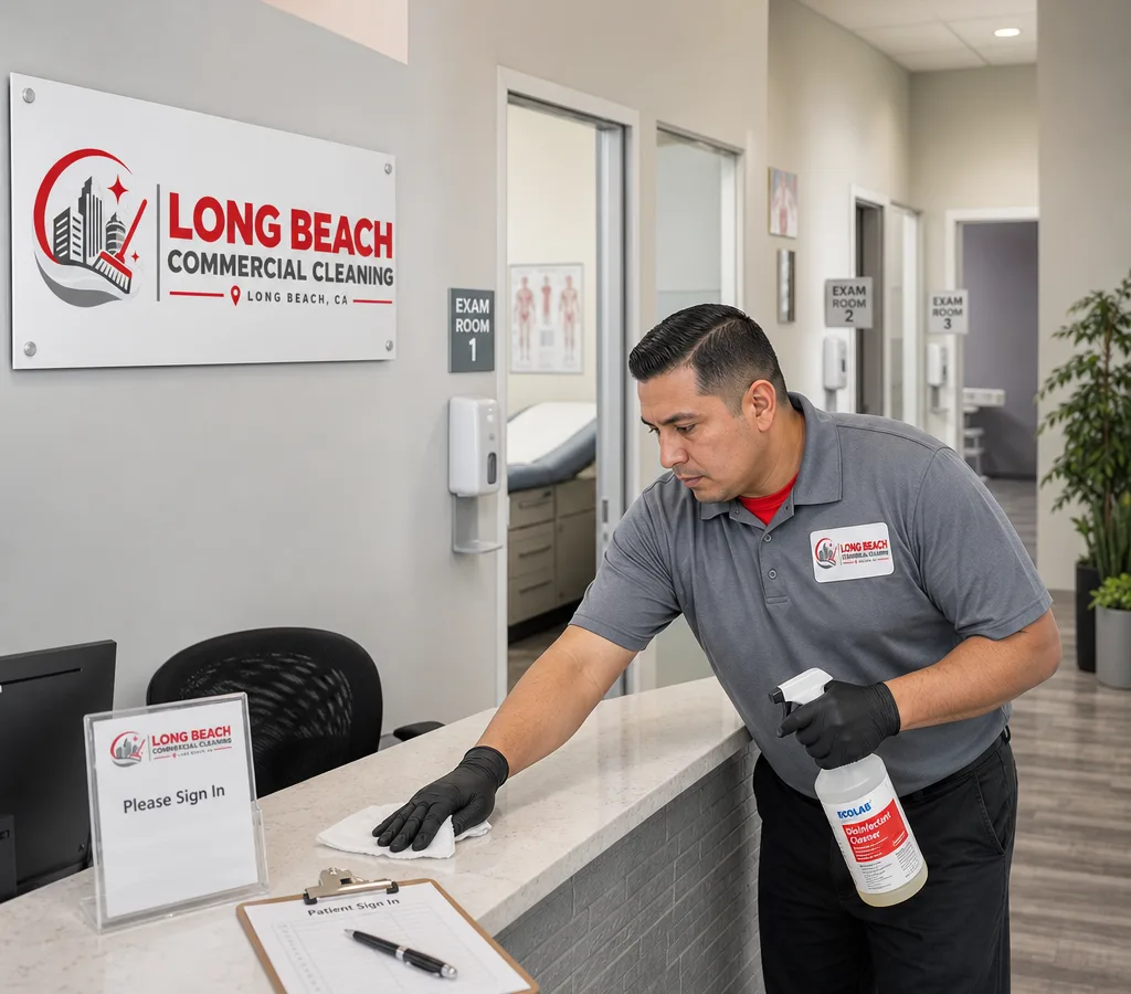 Professional cleaner disinfecting a medical reception counter and check-in area with exam rooms and hand sanitizer stations visible