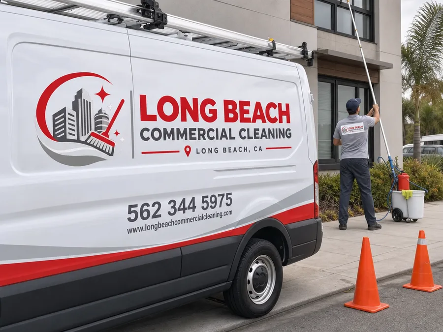 Crew member cleaning exterior upper-story windows with extension tools and a controlled sidewalk work area