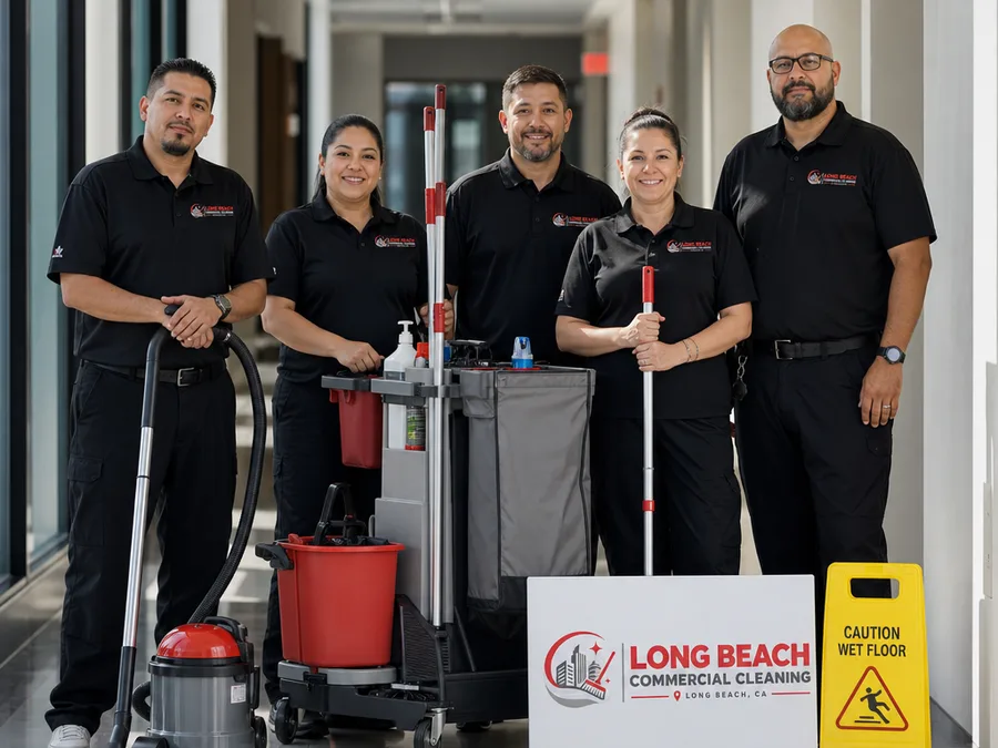 Uniformed Long Beach commercial cleaning team with professional equipment